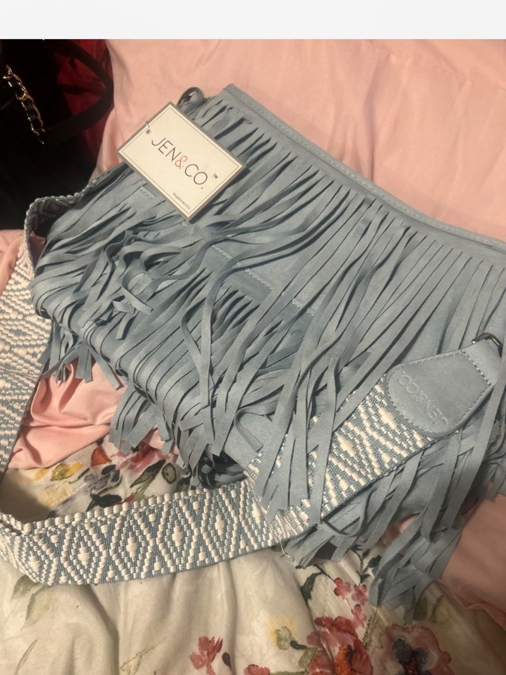 Light Blue Suede Fringe Shoulder Bag with Patterned Strap